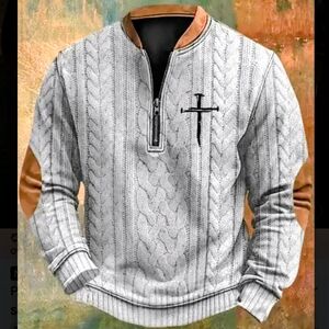Men's Gray Cable Knit Zip-Up Sweater with Tan Accents